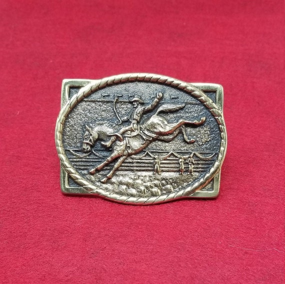 1970s Solid Brass Buckle - "Bucking Bronco", Dedic