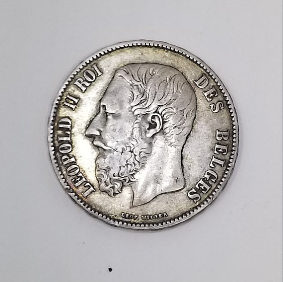 1870 Antique Silver Coin, 5 Francs of King Leopold II Roi Des