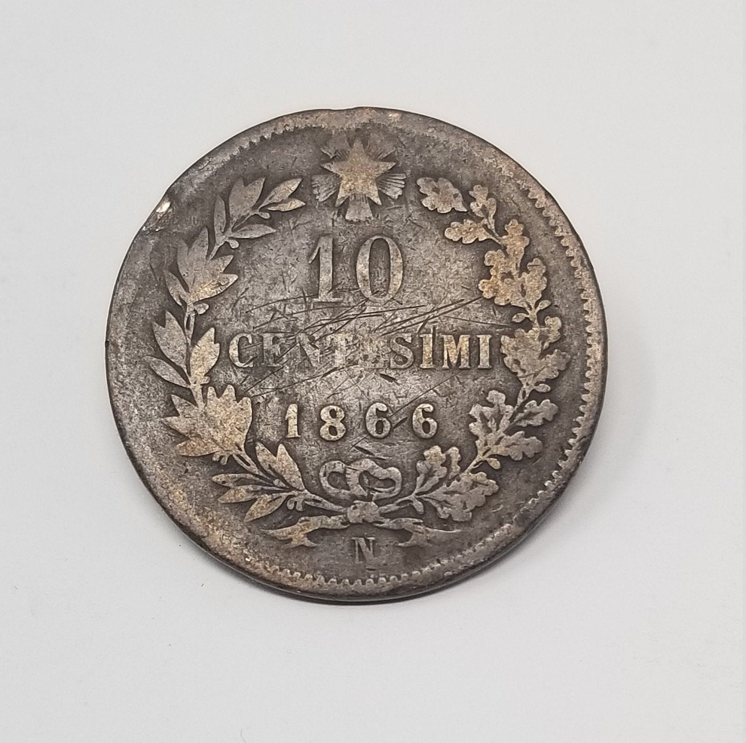 1866 Northern Italy Coin, 10 Centesimi Vittorio Emanuele II