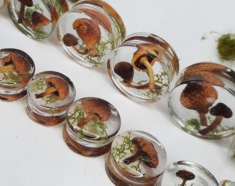 IMPROVED QUALITY * Mushroom Plugs, resin plug, earrings, moss plug, stretch ear, mushroom gauge, ear plug, plug and tunnel, ear gauge