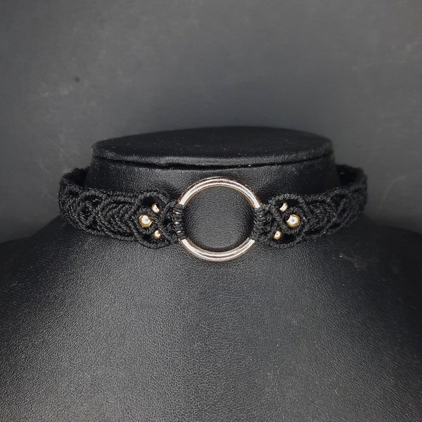 Gold Punk Choker, macramé choker, macramé jewelry, black choker, alternative jewelry, gothic jewelry, gothic choker, o-ring choker