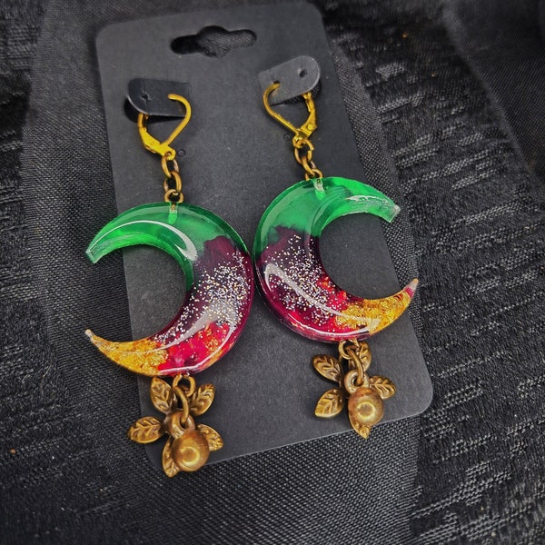 Bohemian Moon Earrings, gold sheets, resin moon pendants, green and pink, bronze flowers, witchy earrings, alternative dangling earrings