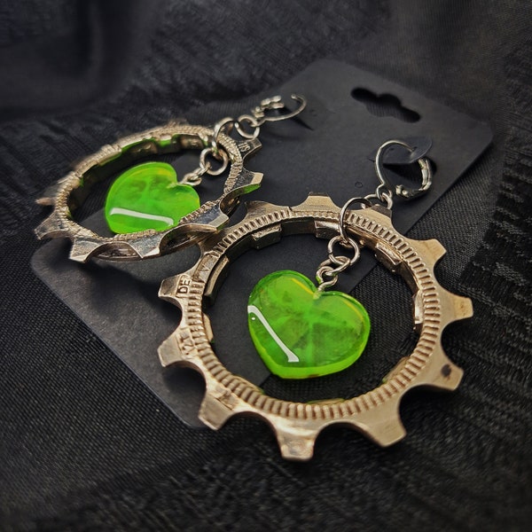 Radioactive Heart Earrings, bike gears, recycled, handmade resin charms, handmade earrings, alternative, kawaii, punk jewelry, green, silver