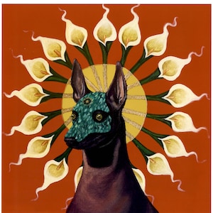Golden Kingdom - Print, Xoloitzcuintli, Mexican hairless dog, Mexican Art.