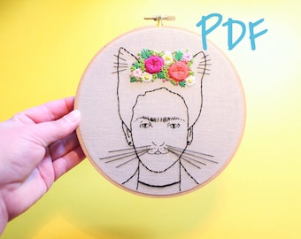 Frida Kahlo Cat Beginner Hand Embroidery Pattern PDF digital download