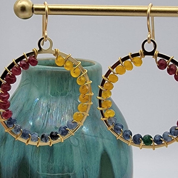 Agate Gemstone Wire Wrapped Hoop Earrings, Beaded Earrings, Beaded Hoop Earrings, Boho Earrings, Ombre Earrings, Lightweight Earrings