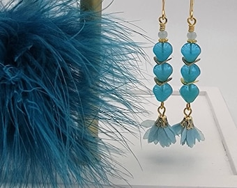 Ocean Blue Opal Glass Three Drop Shell Tassel Earrings, Blue Earrings, Drop Earrings, Dangle Earrings, Tassel Earrings, Beaded Earrings
