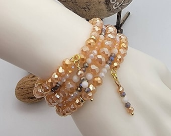 Peach, Cream, Gray Faceted Rondelles with Rhinestones and Pearl Shells Memory Wire Bracelet, Bracelet, Beaded Bracelet, Stack Bracelet