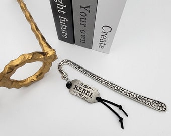 Shepherd's Hook Bookmark with Rebel Metal Tag, Black Dangle Rose, and Black Suede Tie, Book Hook, Bookmark, Decorative Bookmark, Book Lovers