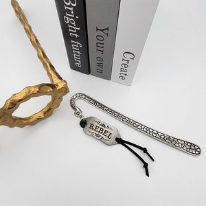 Shepherd&#39;s Hook Bookmark with Rebel Metal Tag, Black Dangle Rose, and Black Suede Tie, Book Hook, Bookmark, Decorative Bookmark, Book Lovers