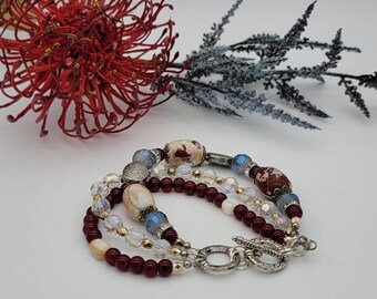 Garnet Gemstone with Blue Crystal Triple Strand Beaded Bracelet, Garnet Gemstone Bracelet, Blue Crystal Faceted, Natural Shell, Rhinestones