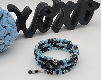 Blue Agate, Black Jasper, Sky Blue Crystal and Turquoise Beaded Memory Wire Bracelet, Wrap Bracelet, Stack Bracelet, Beaded Bracelet
