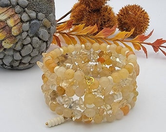 Citrine Round and Chip Chakra Gemstone Memory Wire Bracelet with a touch of Howlite, Beaded Bracelet, Coil Bracelet, Stack Bracelet