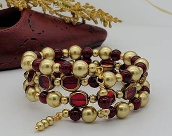 Red and Gold Table Cut Glass Memory Wire Bracelet for Women, Bracelet, Beaded Bracelets, Coil Bracelets, Stack Bracelets, Handmade