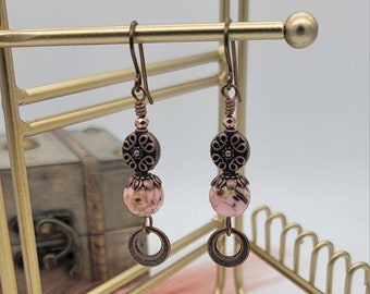 Pink Resin Shell, Bronze Coin Beads with Go Go Charms Beaded Earrings, Dangle Earrings, Drop Earrings