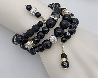 Banded Agate Gemstone Memory Wire with Rhinestones and Classy Silver Ball Beads, Beaded Bracelet, Wrap Bracelet, Stack Bracelet