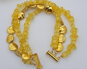 Yellow Glass Chip Triple Strand Beaded Bracelet, Three Strand Bracelet, Yellow Beaded Bracelet, Multi Strand Bracelet, Layered Bracelet