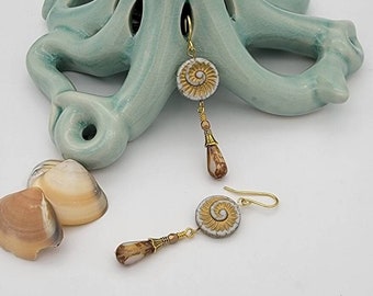 Swirled Czech Glass Gold Accent Coin Bead, Marbled Stone Teardrop Beaded Earrings, Dangle Earrings, Drop Earrings, Beaded Earrings