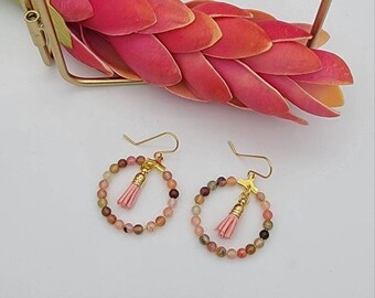 Agate Gemstone Wire Wrapped Hoop Earrings with Pink Tassels, Beaded Earrings, Beaded Hoop Earrings, Boho Earrings, Lightweight Earrings