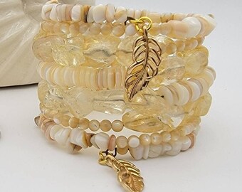 Mother of Pearl Citrine Gemstone Marbled Shell Memory Wire Bracelet, Chakra Gemstone Bracelet, Beaded Bracelet, Stack Bracelet