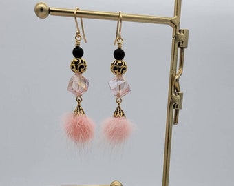 Pink Powder Puff Earrings with Square Diamond Cut Pink Crystals and Decorative Gold Bead Caps, Pink Earrings, Drop Earring, Feather Earrings