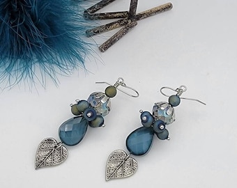 Blue Teardrop Pewter Heart Leaf Charm Blue Iris Druzy Cluster Earrings, Drop Earrings, Dangle Earrings, Statement Earrings, Beaded Earrings