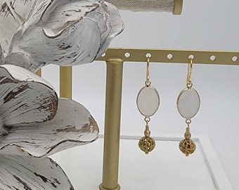 Oval Diamond Cut Charm with Gold Decorative Bead Earrings, Dangle Earrings, Drop Earrings, Beaded Earrings, Gold Earrings, Oval Earrings