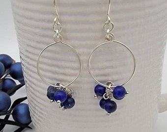 Lapis Lazuli Gemstone Hoop Earrings, Hoop Earrings, Beaded Cluster Earrings, Statement Earrings, Dangle Earrings, Throat Chakra