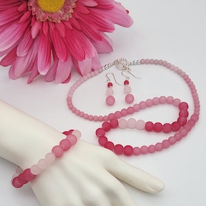 Ombre Pink Glass Rounds Jewelry Set, Beaded Necklace, Beaded Bracelet, Beaded Earrings, Necklace Set, Matinee Length Necklace