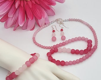 Ombre Pink Glass Rounds Jewelry Set, Beaded Necklace, Beaded Bracelet, Beaded Earrings, Necklace Set, Matinee Length Necklace