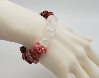 Crackle Quartz Pink Imperial Jasper Stretch Bracelet, Beaded Jewelry, Handmade Jewelry, Beaded Bracelet, Chunky Bracelet, Statement Piece