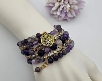 Purple Agate Bracelet, Memory Wire Wrap, 5 Coil Bangle, 6mm 8mm Gemstones, Gold Spacers, Chakra Jewelry, Charm Bracelet, Gift for Her