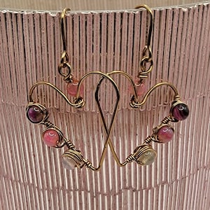 Pink Marbled Agate Gemstone Wire Wrapped Heart Earrings, Beaded Earrings, Pink Earrings, Dangle Earrings, Valentine&#39;s Day Earrings