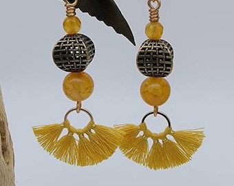 Yellow Agate Fan Tassel Earrings, Gemstone Earrings, Fan Fringe Earrings, Tassel Earrings, Statement Earrings