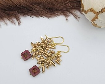 Aztec Gold Clusters with Cranberry Czech Square Starburst Beaded Earrings, Cluster Earrings, Dangle Earrings, Gold and Red Earrings