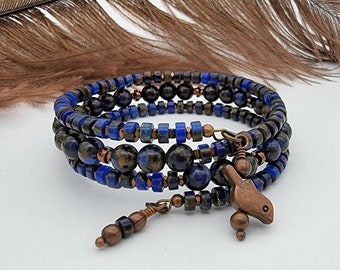 Lapis Gemstone Memory Wire Bracelet for Women, Copper Hematite Spacers, Copper Bird Charm, Beaded Bracelet, Coil Bracelets, Stack Bracelets