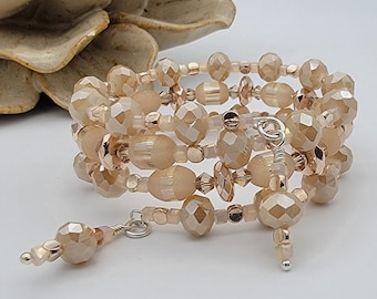 Apricot Faceted Glass, Vintage Rose Bicones, Hematite and Crystal Rondelles Memory Wire Bracelet, Bracelet, Stack Bracelet, Beaded Bracelet