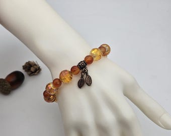 Carnelian Bracelet, Stretch Bracelet, 8mm Gemstone Beads, Orange Glass, Bronze Barrel Bead, Leaf Dangles, Boho Jewelry, Gift for Her