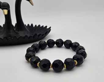 Black Glass Bracelet, Stretch Bracelet, 14mm Faceted Beads, Gold Daisy Spacers, Size 7.25 in, Statement Jewelry, Gift for Her