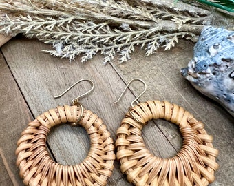 Rattan Hoop Earrings Beachy Long Hoop Earrings Trendy Fashion Accessories Neutral Casual Jewelry Dangly Neutral Earrings Hoop Earrings