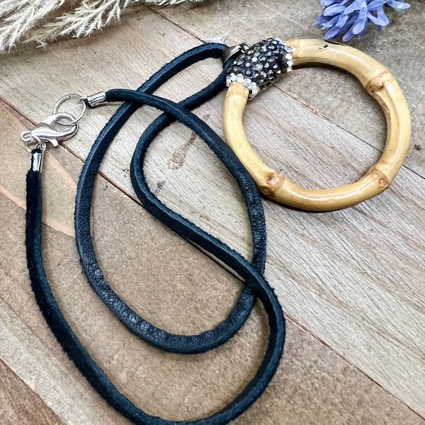 Pave Accent Hoop Necklace Trendy Black Leather Choker Round Bamboo Pendant Necklace  Natural Tone Jewelry Short Boho Choker Unique Jewelry