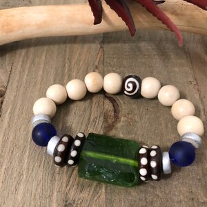 Green and Beige Wood Bead Bracelet