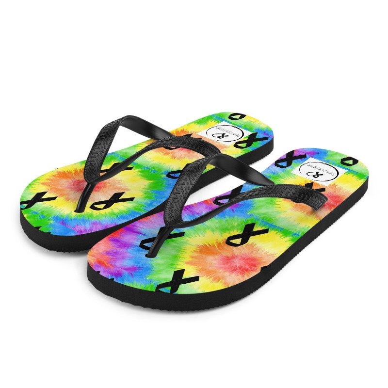 flip flops with rainbow logo