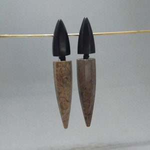 Vintage Monies earrings | Gerda Lynggaard / Monies clip on earrings, fossil bearing stone and ebony. Beautiful and chunky jewelry