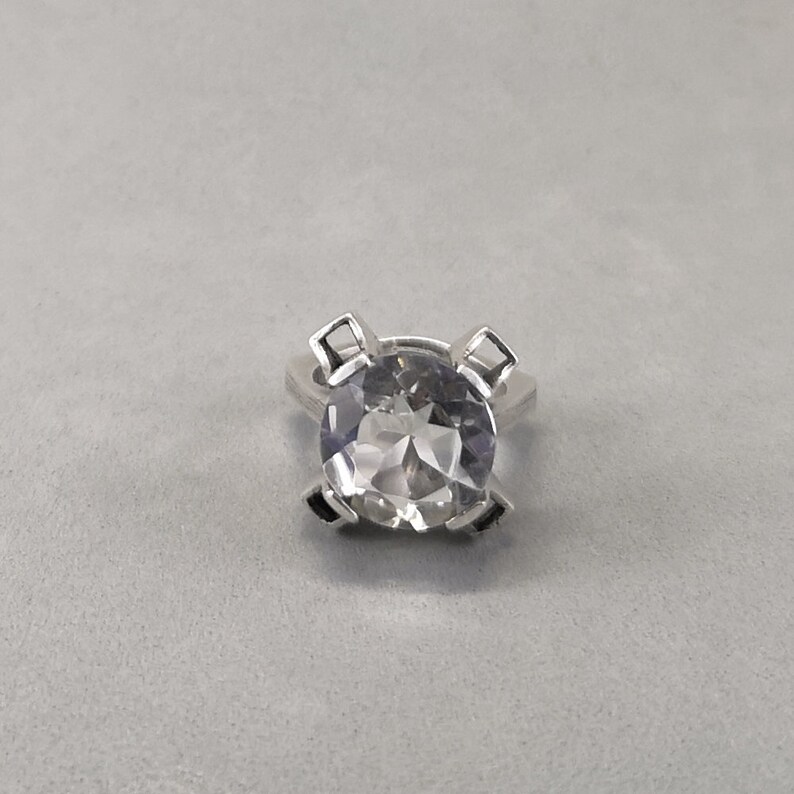 Klintz AB Scandinavian modernist brutalist ring with diamond cut rock crystal quartz 1976 Vintage silver ring