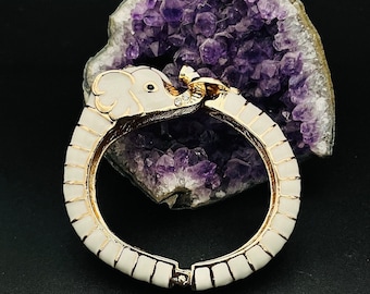 White Gold Elephant Cuff Bracelet, Crystal Elephant Bangle, Gothic Boho Statement Jewelry, Gift for Her or Him