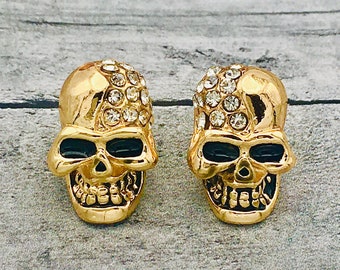 Gotische gouden diamanten schedeloorknopjes - gedurfde statement-schedels versierd met imitatiediamanten | Perfect cadeau voor hem of haar