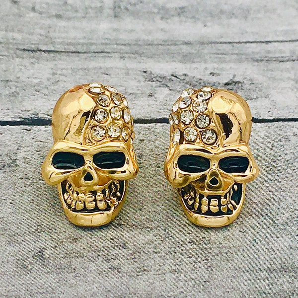 Gold Skull Stud Earrings - Gothic Golden Diamond Skull Earrings, Bold Statement Skull covered with imitation diamonds| Gift for Him, for Her