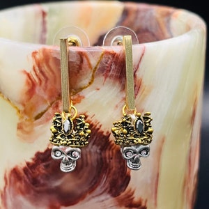 Gold-Toned Crown and Gothic Skull Dangle Earrings - Bold Boho Chic Statement Jewelry| Unique Personallized Gift for Him or Her