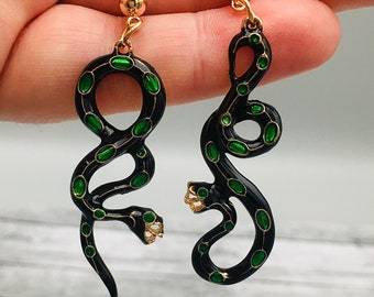 Victorian Snake Earrings Black and Gold With Emerald Green - Etsy